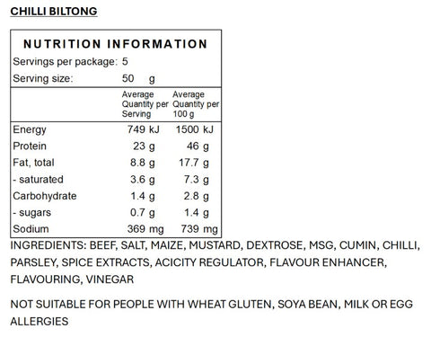 Nutrition information and ingredients list for Chilli Biltong on a white background