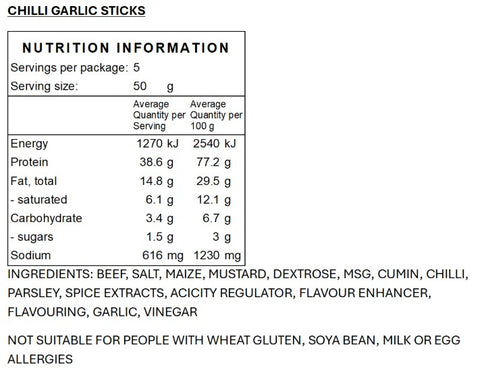Nutrition information label for Chilli Garlic Sticks with detailed nutritional data and ingredients listed.