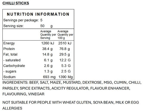 Nutrition information and ingredients list for chilli sticks on a white background