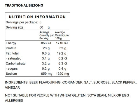 Nutrition information and ingredients list for traditional biltong on a white background