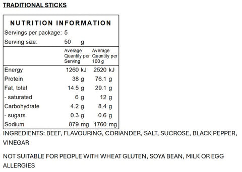 Nutrition information label for traditional sticks with serving size, energy, protein, fat, carbohydrate, and sodium details.